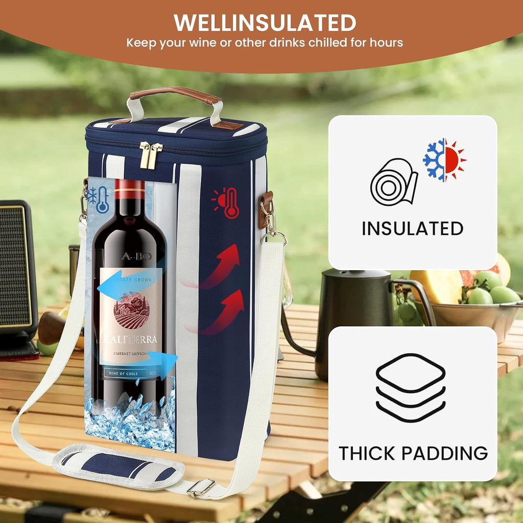 BLUBYEES 2-Bottle Insulated Wine Carrier Tote - Leakproof Padded 900D Oxford Wine Cooler Bag for Travel, Picnics, Beach & Parties - Ideal Wine Gift for Wine Lovers