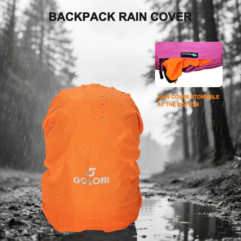 Goloni 45L Hiking Backpack Lightweight Foldable, Waterproof Camping Backpack with Rain Cover & Hiking Pole Mat Carrying System, Ergonomic Water Resistant Daypack for Trekking Travel Men Women Rose