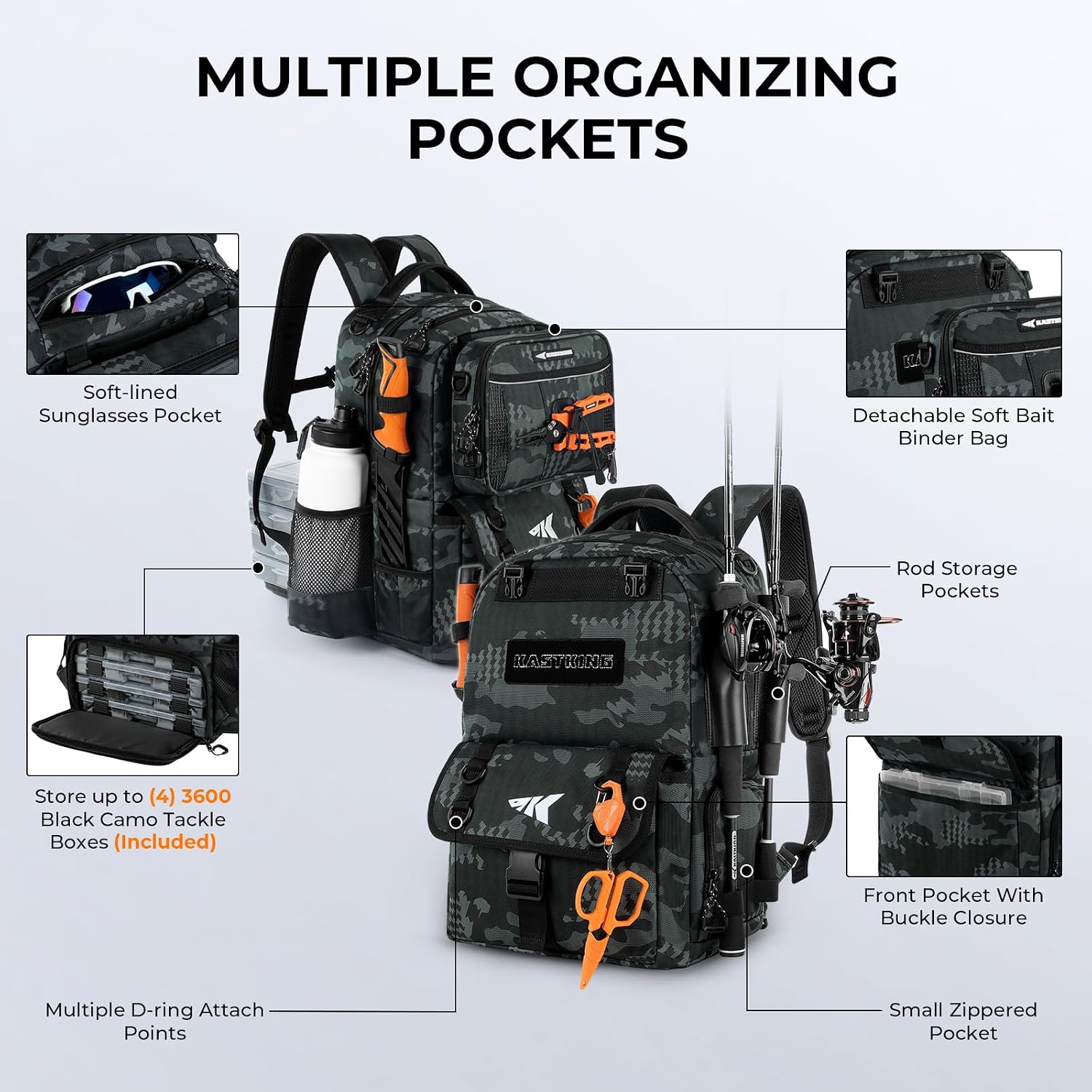 KastKing BaitSpace Fishing Tackle Backpack with Removable Bait Binder,2 Rod Holders Storage Fishing Gear and Equipment