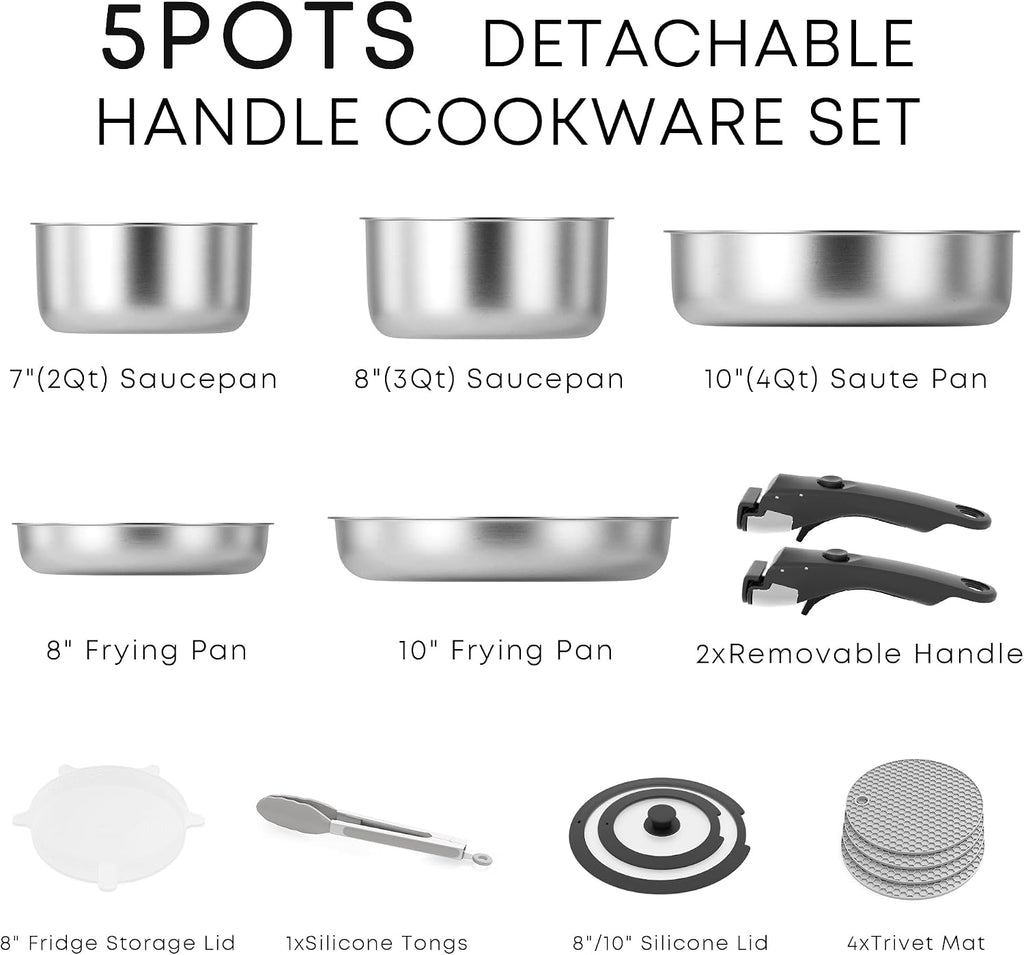 Caannasweis Detachable Nonstick Cookware Set - Stackable Induction Pots and Pans With Removable Handles, Dishwasher Safe - For RV Camping, Oven and Stovetop Use, 5 Pieces (Stainless Steel)
