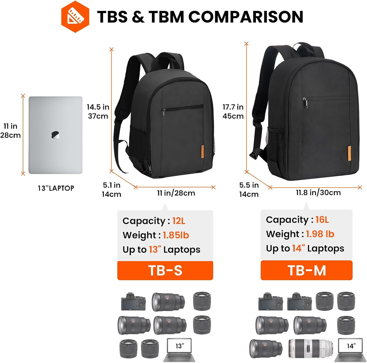 TARION Small Camera Backpack for Photographers Compact 12L Black TB-S