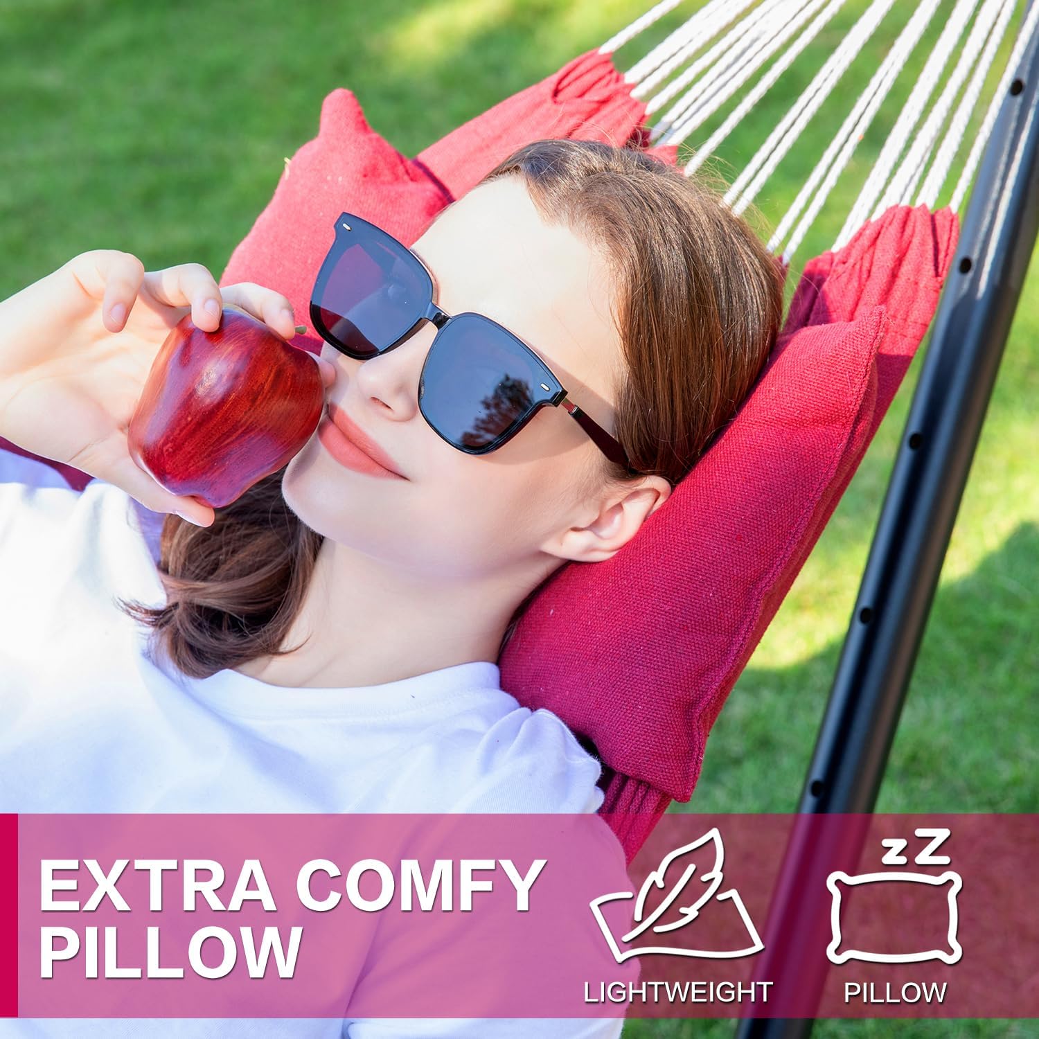 PNAEUT Double Hammock with Stand for Outside, Heavy-Duty, Portable (Cherry)