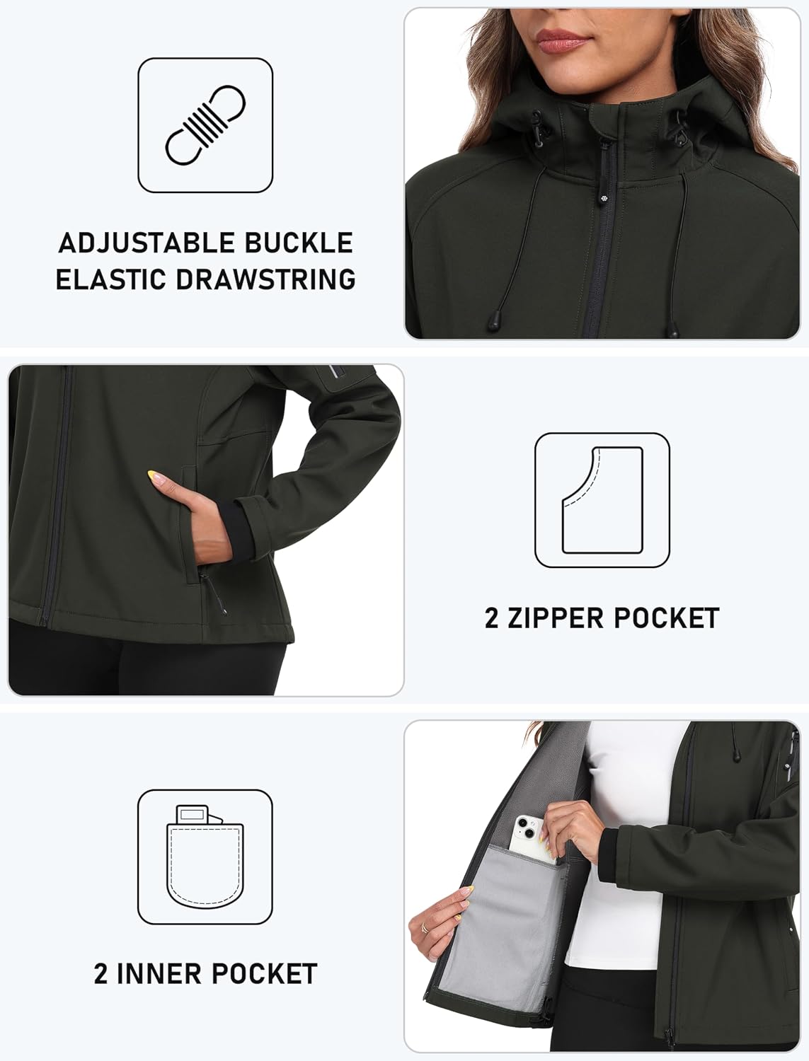 MoFiz Women's Softshell Jacket Waterproof Hooded Fleece Lined Rain Coat