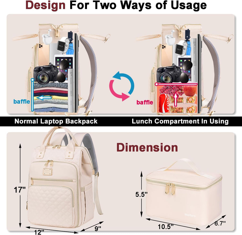 Weitars Lunch Backpack for Women,15.6 Inch Laptop Backpacks with Lunch Box