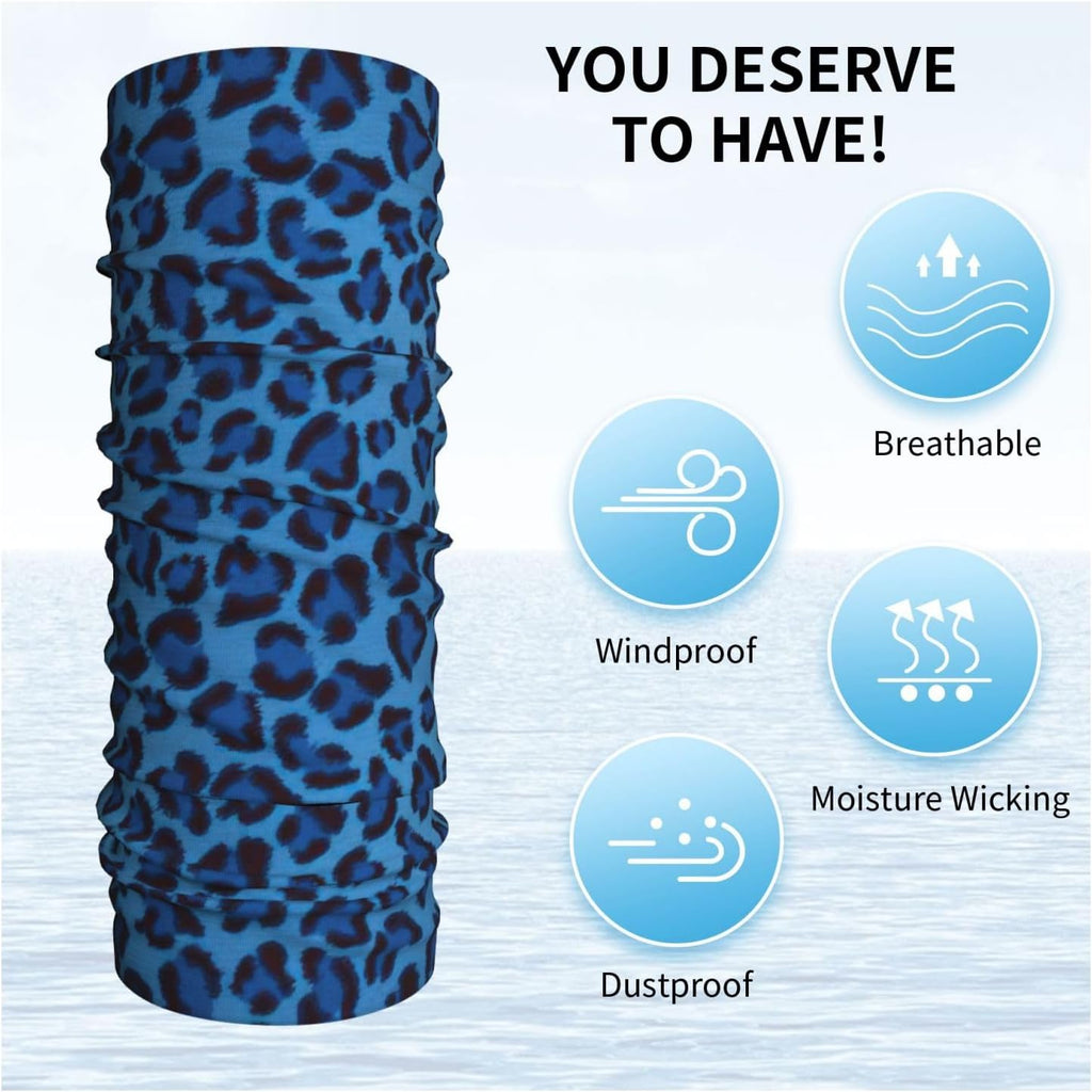Neck Gaiter Blue Polyester Leopard Print Seamless Breathable Face Mask for Outdoor Sports, Unisex
