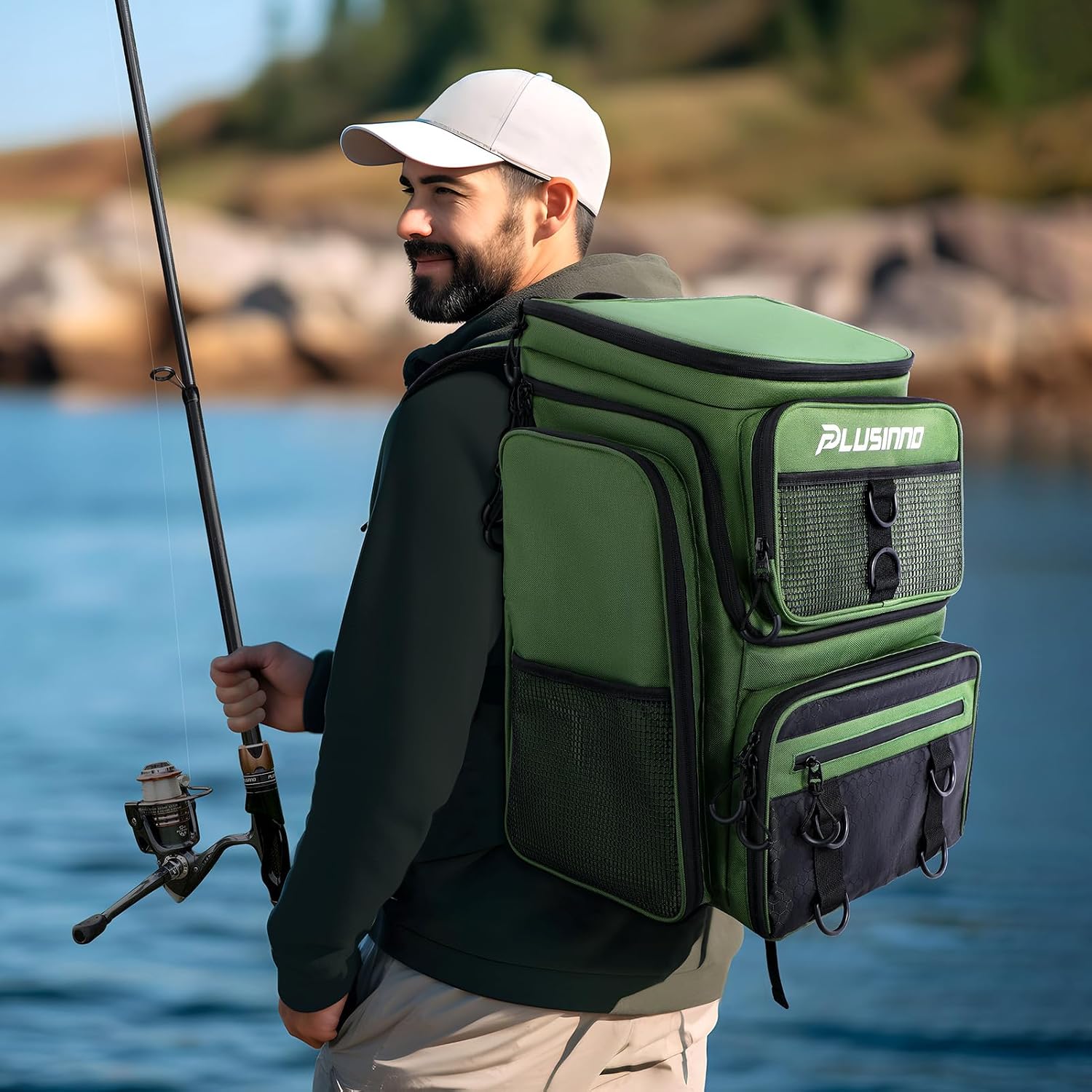 PLUSINNO Fishing Backpack with Rod Holders 4 Tackle Boxes, 42L Large Water-Resistant Fish Tackle Bag Store Fishing Gear, Camping, Hiking Gifts for Men Father, Green