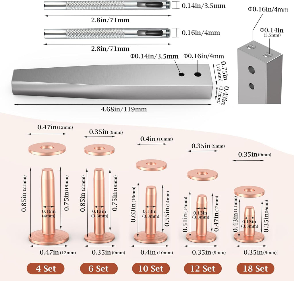 Funria 104PCS Copper Rivets for Leather 5 Size of Copper Rivets and Burrs Leather Rivets Kit with Setter Tool Rivets Fastener and Punch Leathercraft Supplies for Belts Wallets Collars DIY (50 Sets)