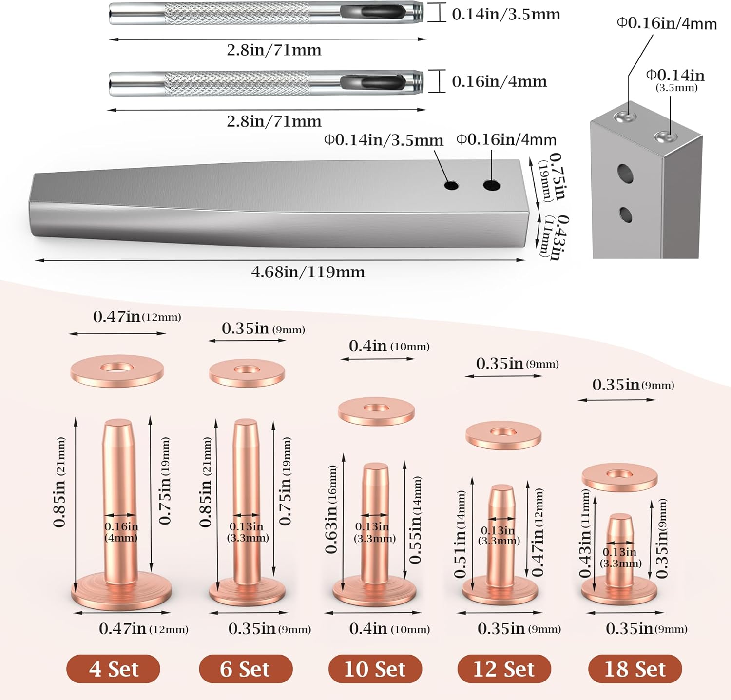 Funria 104PCS Copper Rivets for Leather 5 Size of Copper Rivets and Burrs Leather Rivets Kit with Setter Tool Rivets Fastener and Punch Leathercraft Supplies for Belts Wallets Collars DIY (50 Sets)