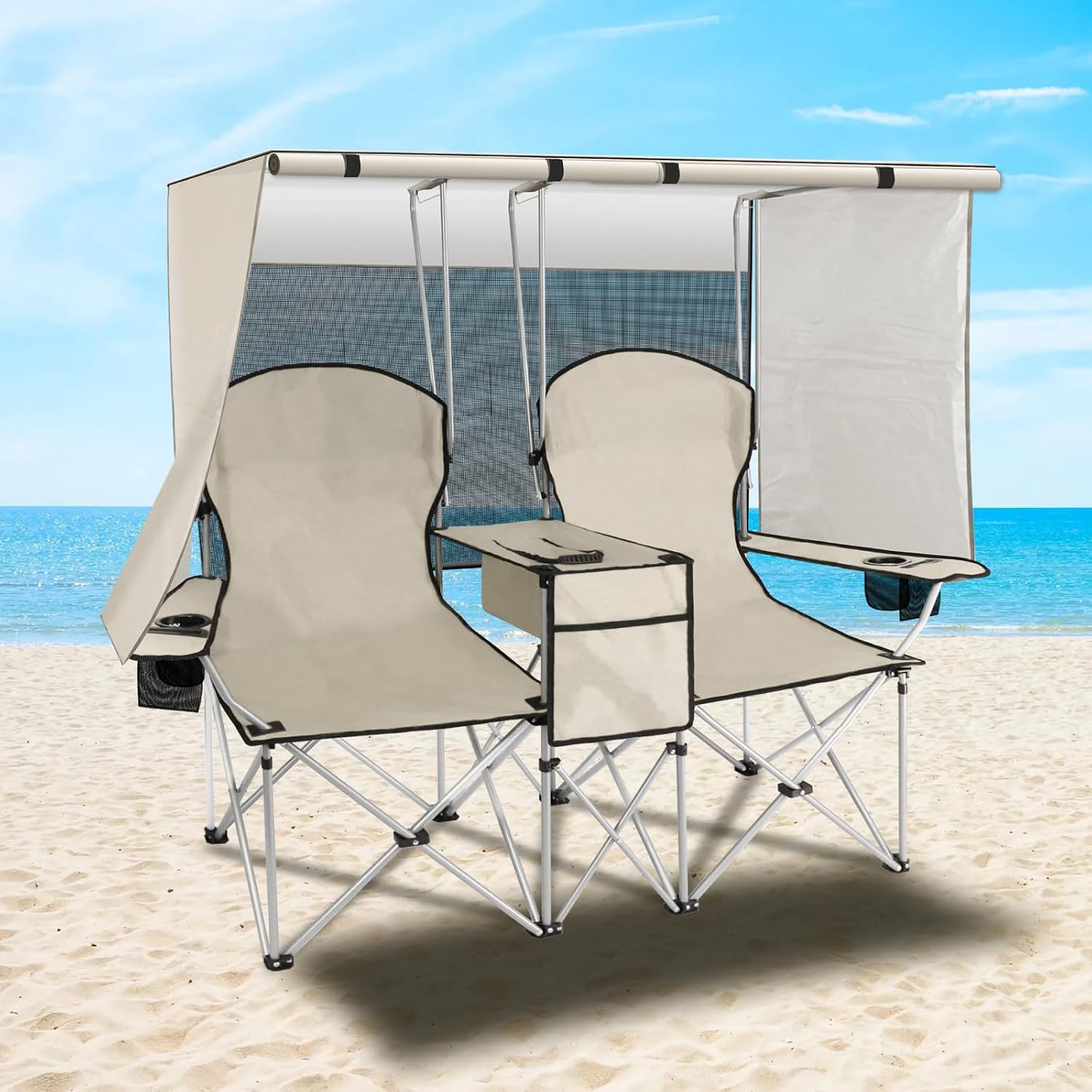 Double Camping Chair with Canopy,Beach Chair Support 600LBS,White