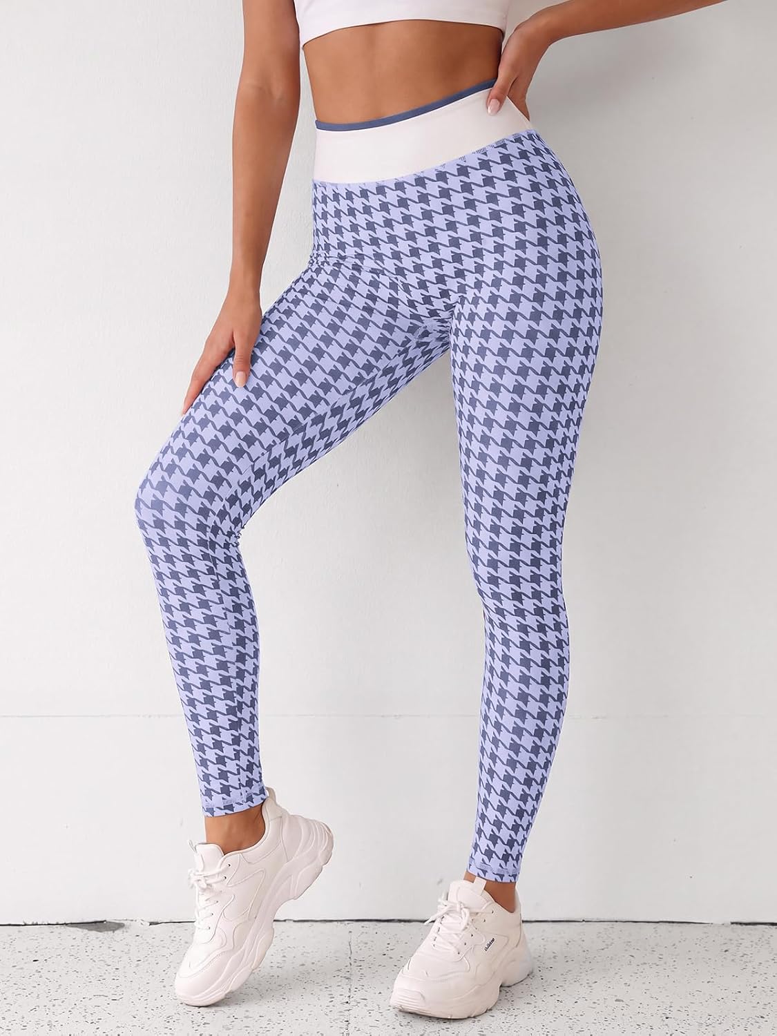 Aoysky Womens High Waist Houndstooth Leggings No Front Seam Yoga Pants
