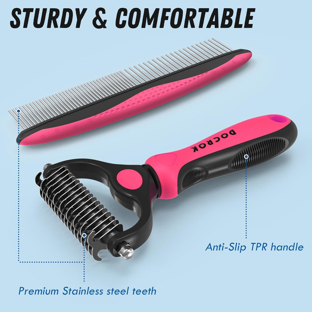 Docrok Pet Grooming Brush and Metal Comb Combo for Dogs & Cats, Pink