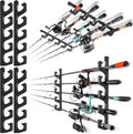 PLUSINNO H5W Solid Wood Fishing Rod Holder, Horizontal Wall & Ceiling Mount Fishing Pole Holders for Garage Storage, Holds 10Rods, Combos and Fishing Nets（Black, 2packs）