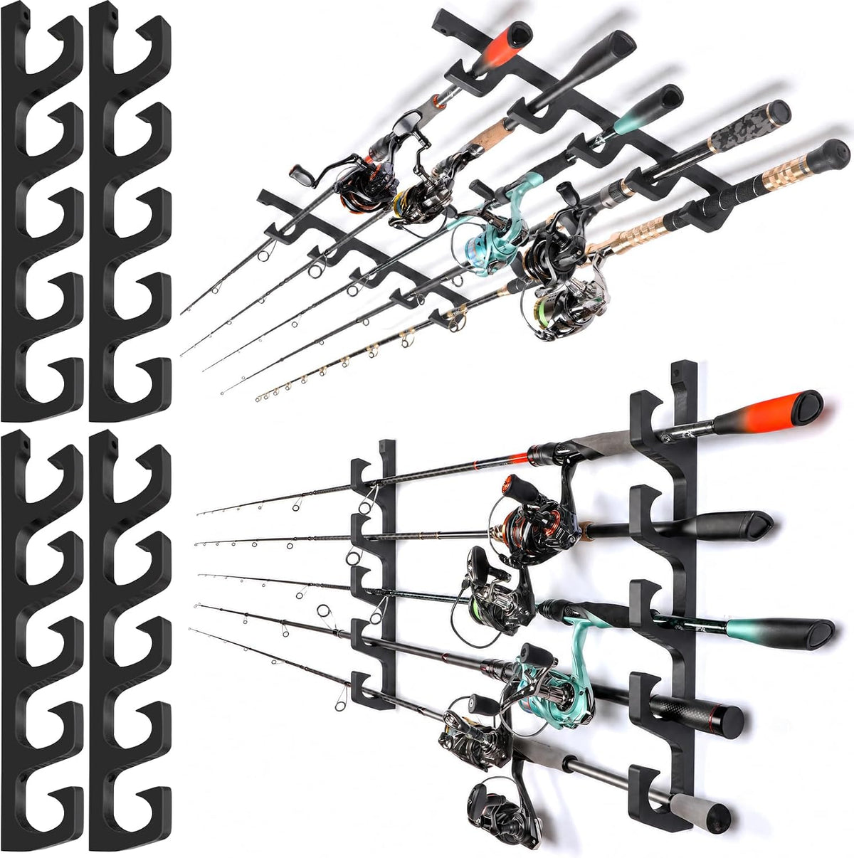 PLUSINNO H5W Solid Wood Fishing Rod Holder, Horizontal Wall & Ceiling Mount Fishing Pole Holders for Garage Storage, Holds 10Rods, Combos and Fishing Nets（Black, 2packs）