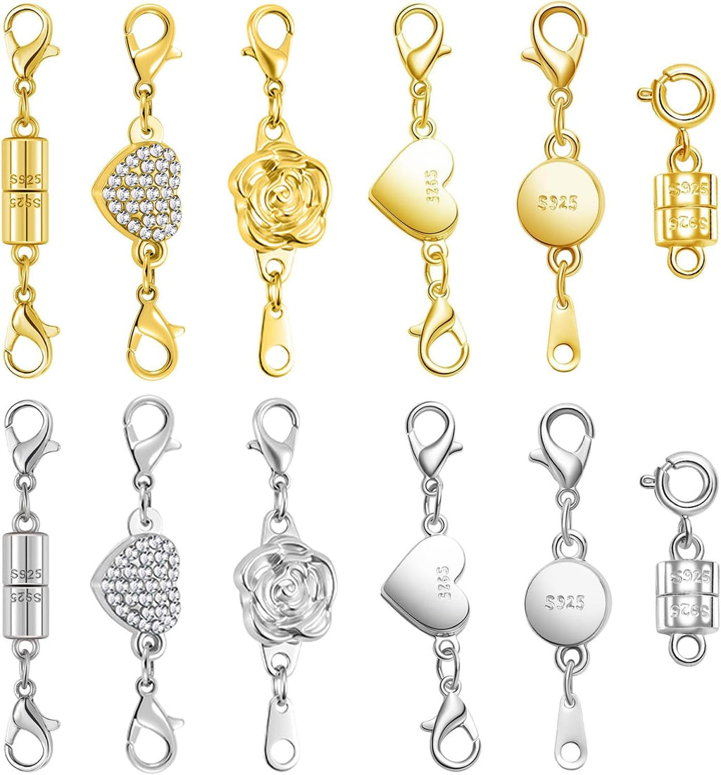 Magnetic Jewelry Clasps Set, Gold and Silver, 12 Pack Rose and Heart Design, Necklace Bracelet Closures with Rhinestone Accents (12PCS Golden Silvery)