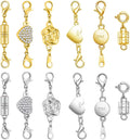 Magnetic Jewelry Clasps Set, Gold and Silver, 12 Pack Rose and Heart Design, Necklace Bracelet Closures with Rhinestone Accents (12PCS Golden Silvery)