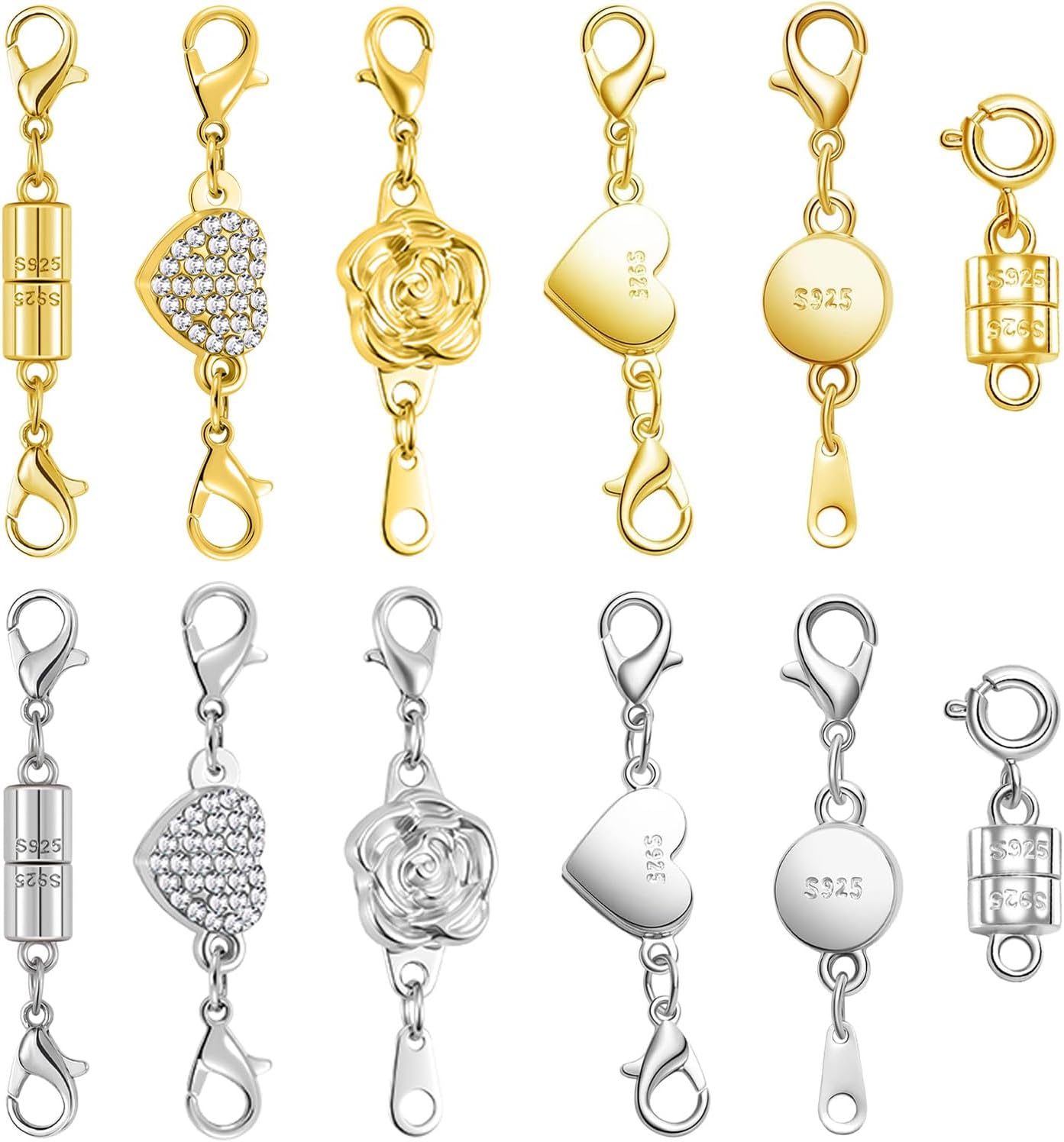 Magnetic Jewelry Clasps Set, Gold and Silver, 12 Pack Rose and Heart Design, Necklace Bracelet Closures with Rhinestone Accents (12PCS Golden Silvery)