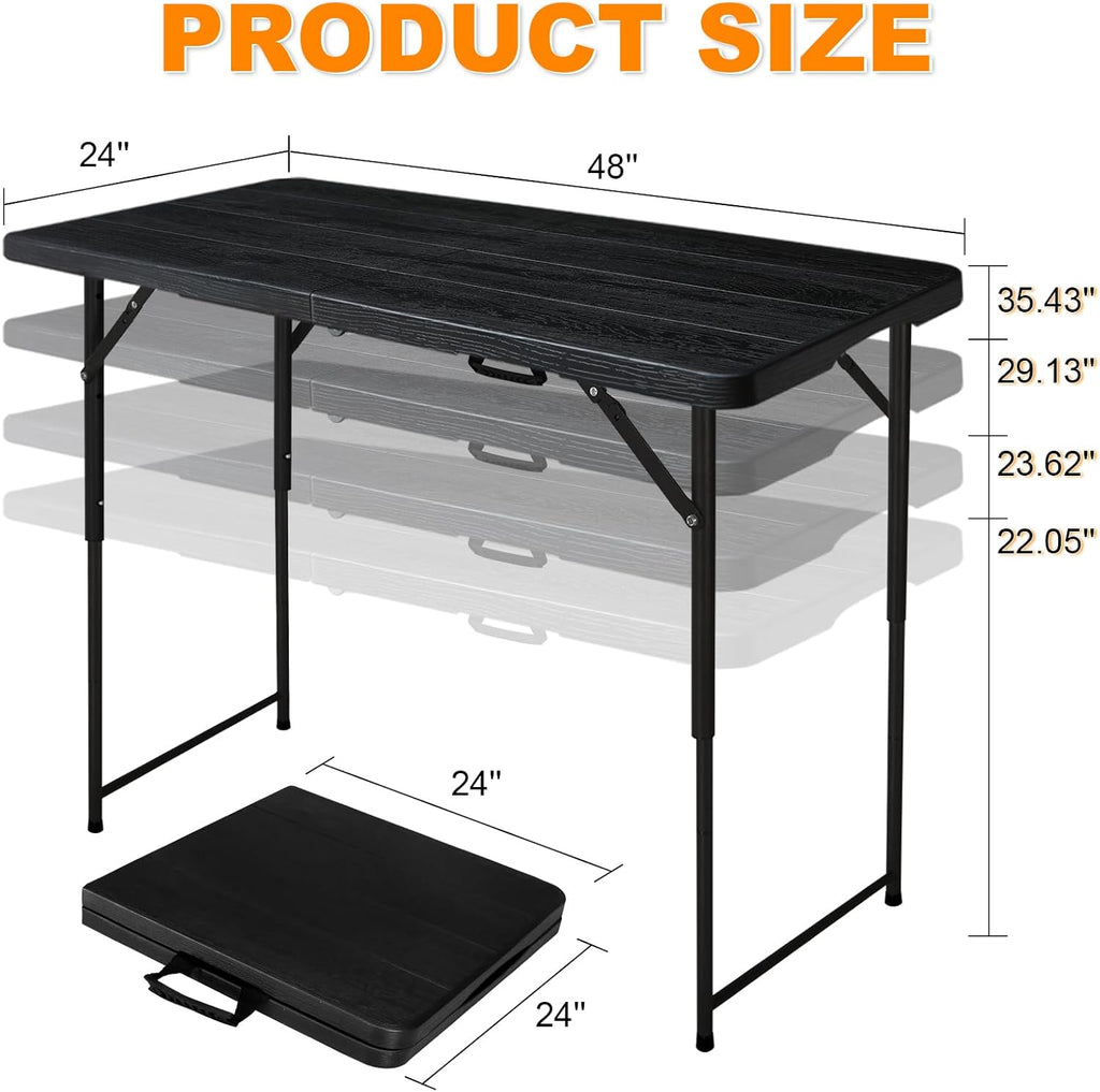 4ft Folding Table, Portable Fold-in-Half Adjustable Height Utility Table for Indoor/Outdoor Use, Durable HDPE & Steel, Stable & Lightweight, Multi-Purpose, Black Woodgrain