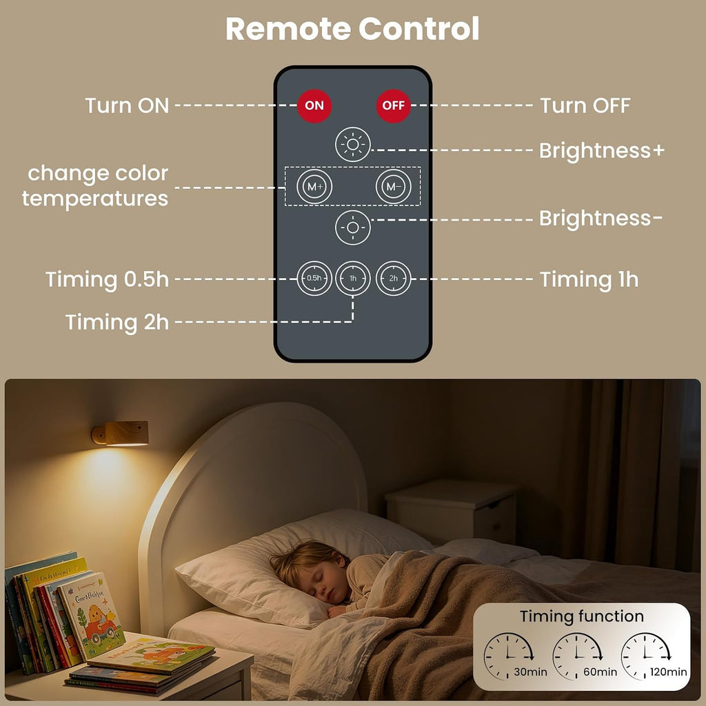 AKSDA 3Pack Battery Operated Wall Sconce, 3 Color Modes 3 Brightness Levels 360°Rotation Lighting Timer Touch & Remote Control, Wall Mounted Lamp LED Wall Lights for Bedroom Reading Bedside (Wood)