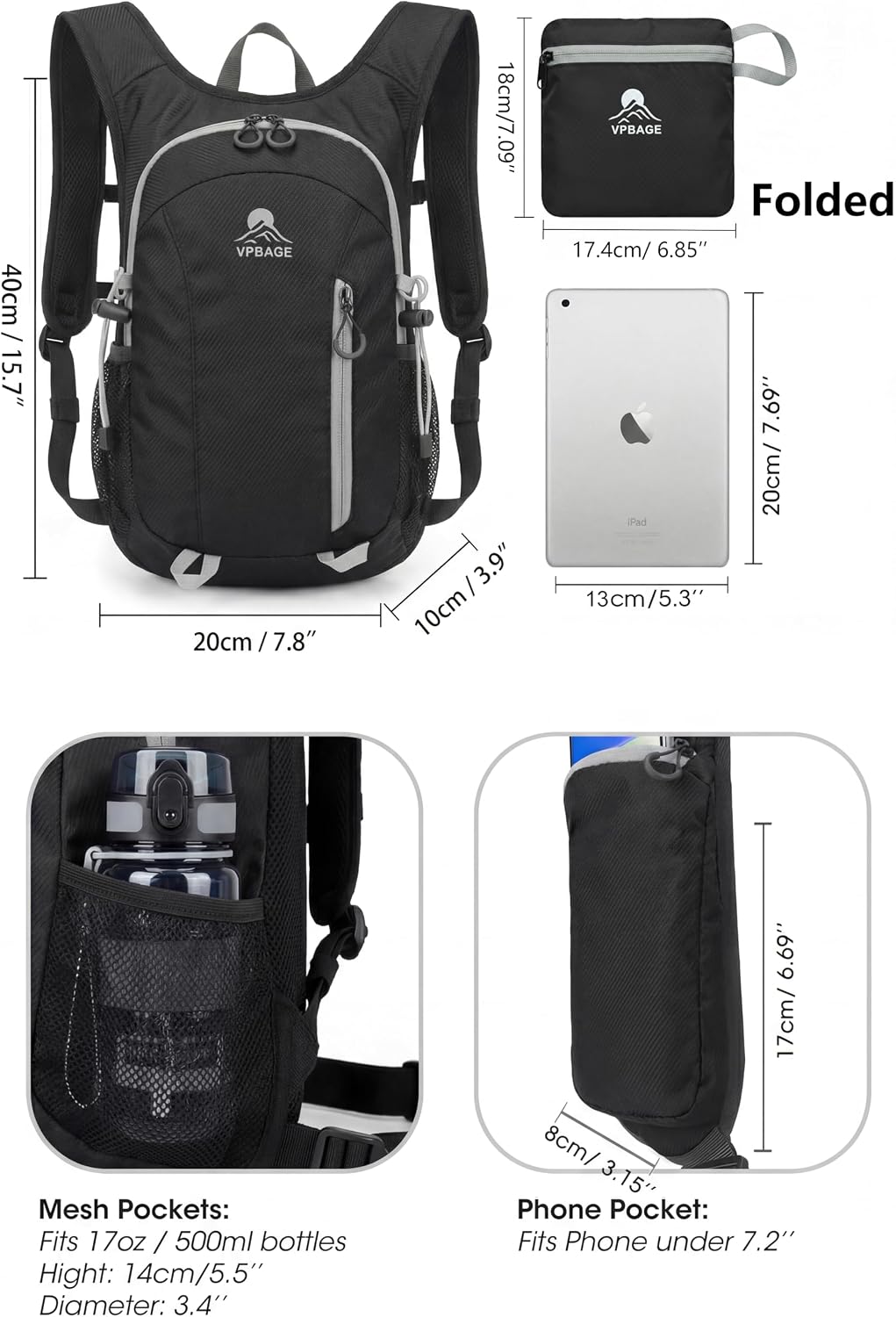 Foldable Small Hiking Backpack with 3 Strap Pockets – Lightweight 300D Spill-proof Daypack for Men Women – Packable Small Travel Backpack with Chest Strap & Trekking Pole Holder – Durable Outdoor Bag