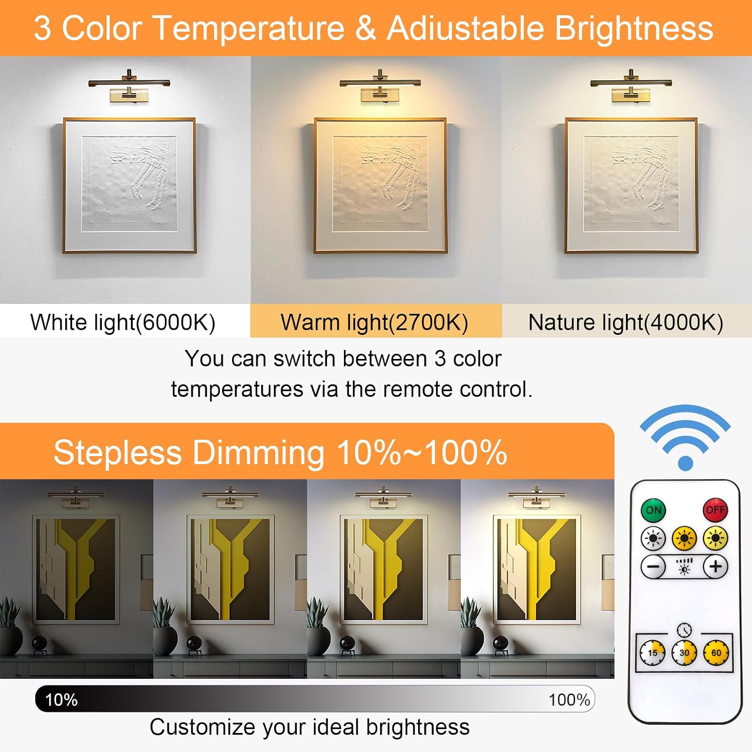 Tassuowell Rechargeable Picture Light with Remote Control,12 Inch Brass Finish Adjustable Wireless Art Lighting Fixture,Painting Lights with Timer,3 Color Temperature and Dimmable