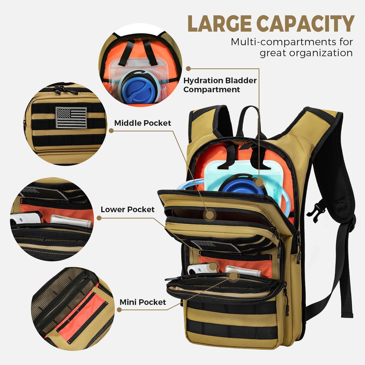Koculemi Tactical Hydration Backpack with 2L Water Bladder and Front Small Tactical Pouch, Outdoor Water Backpack for Men Women, Sports Hydration Pack for Hiking, Cycling,Climbing