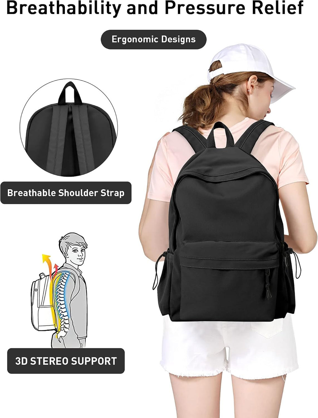 Black School Backpack for Women Men, Middle High School Bag for Girls Boys