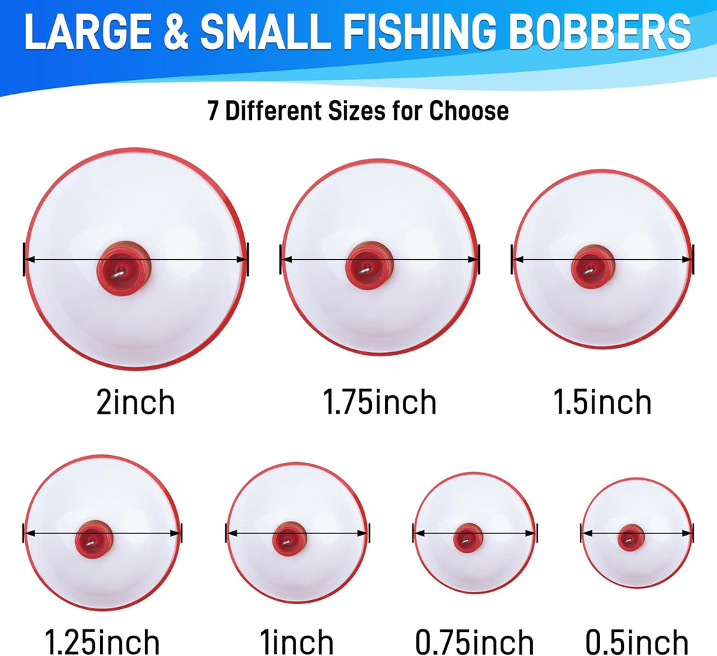 AGOOL Fishing Bobbers Set Snap Hard ABS on Red/White Fishing Floats Bobbers Push Button Round Buoy Floats Tackle Accessories Size: 0.5/0.75/1/1.25/1.5/1.75/2/2.5 Inch