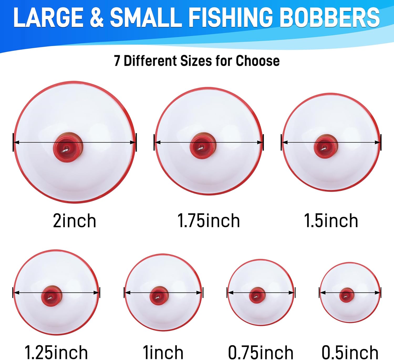 AGOOL Fishing Bobbers Set Snap Hard ABS on Red/White Fishing Floats Bobbers Push Button Round Buoy Floats Tackle Accessories Size: 0.5/0.75/1/1.25/1.5/1.75/2/2.5 Inch