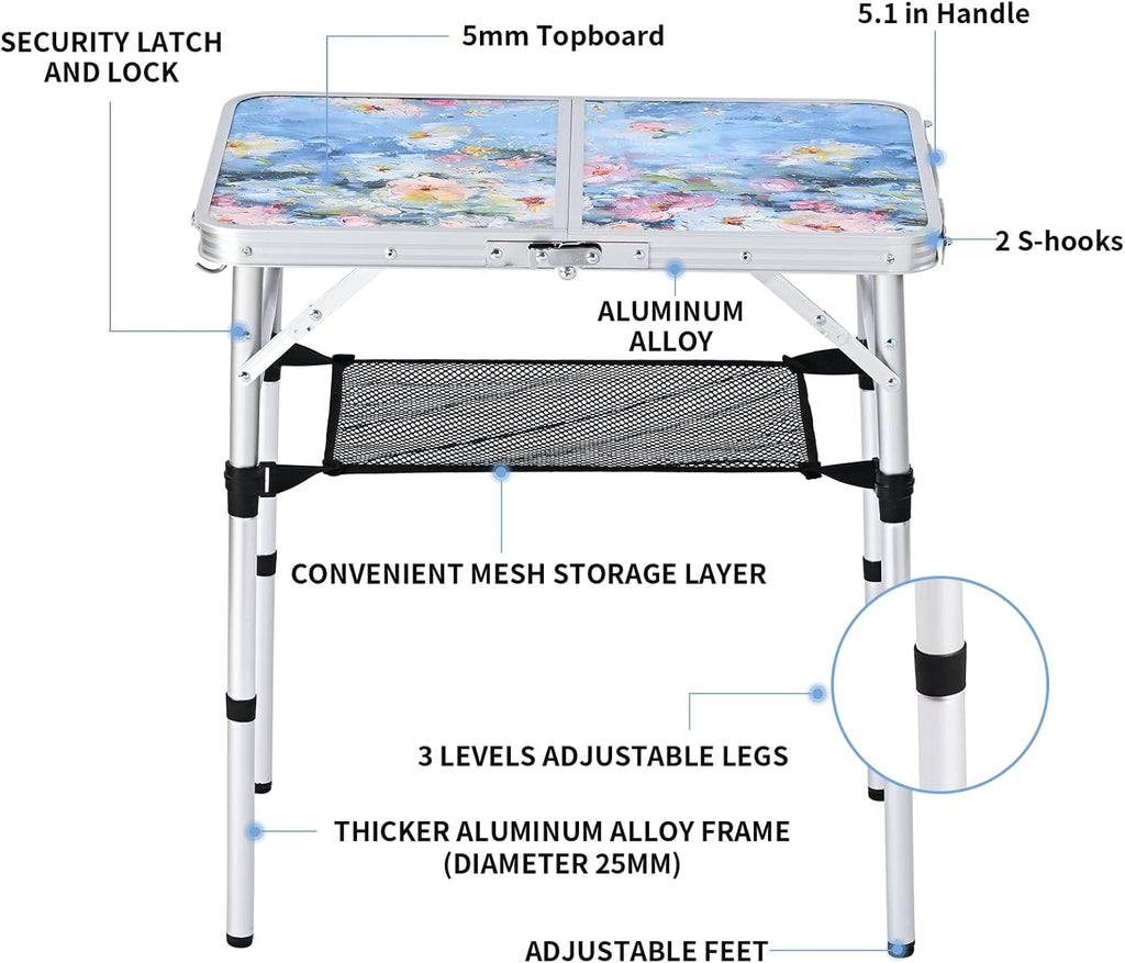 Outdoor Side Table, Portable 3 Adjustable Height, Small Folding Table