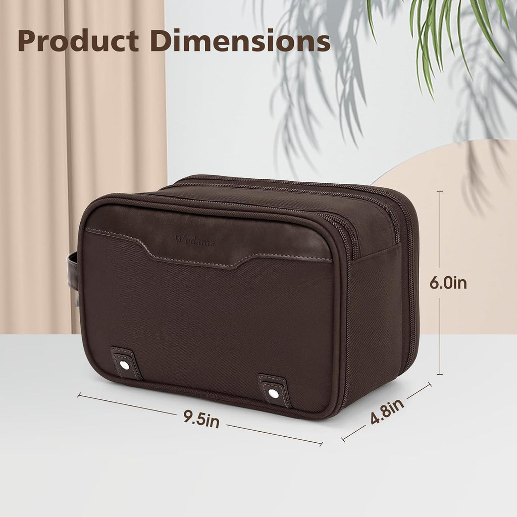 Wedama Toiletry Bag for Men, Medium Hanging Travel Toiletry Bag, Extra Electronic Organizer Bag Waterproof Shaving Bag for Toiletries with PU Handle for Travel Business Trips Swim Camping, Brown