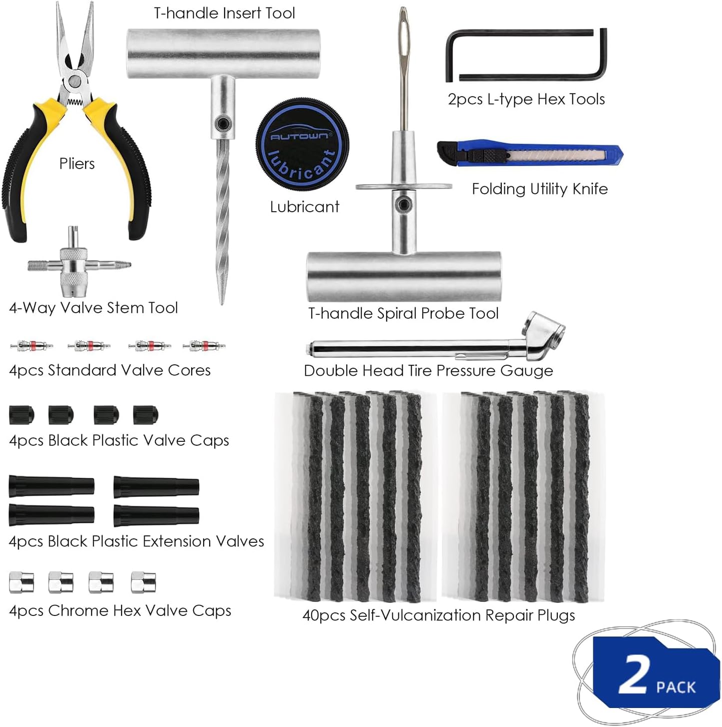 AUTOWN Flat Tire Repair Kit 68pcs 2-Pack, Tire Plug Kit to Fix Punctures