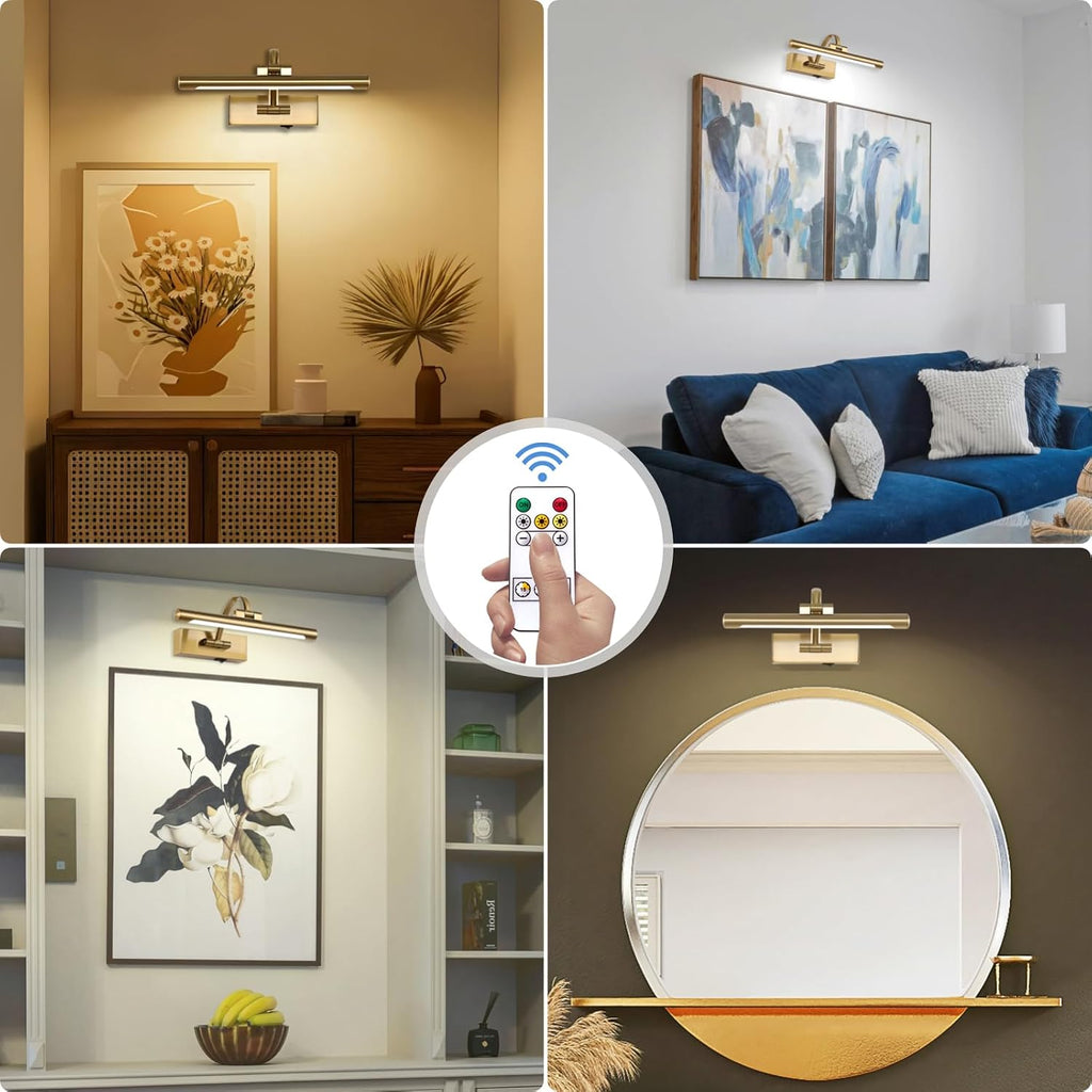 Tassuowell Rechargeable Picture Light with Remote Control,12 Inch Brass Finish Adjustable Wireless Art Lighting Fixture,Painting Lights with Timer,3 Color Temperature and Dimmable