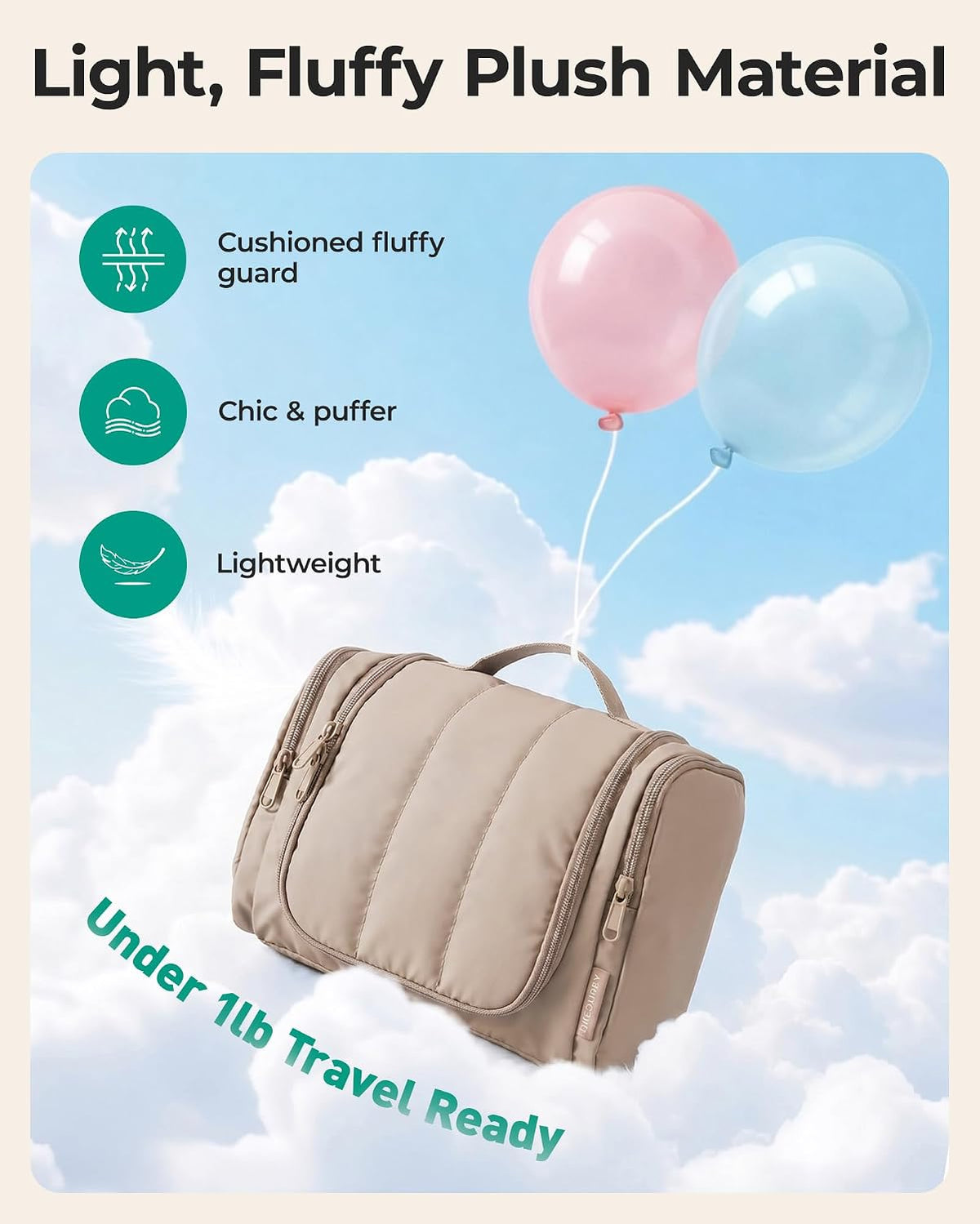 BAGSMART Travel Toiletry Bag for Women, Puffy Hanging Toiletry Bag with Hook, Water-resistant Toiletry Organizer for Full Sized Toiletries (Baby Pink)
