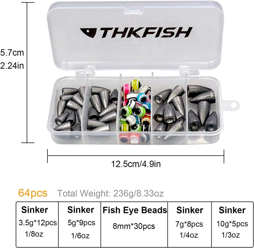 THKFISH Fishing Weights Sinkers Fishing Beads Bullet Sinkers Carolina Rig Texas Rig Kit Fishing Accessories Kit 64pcs/219pcs