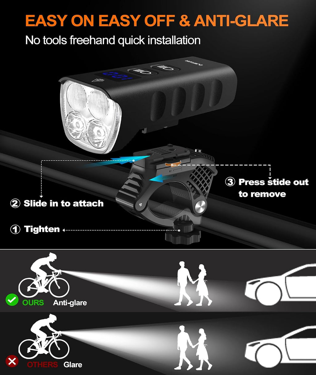 Front Bike Light or Front Headlight & Back Taillight Set, 2000 Lumens Super Bright Road Mountain Ebike Lights, Rechargeable & 6400mAh Ultra-Long Battery Life, 13 Lighting Modes