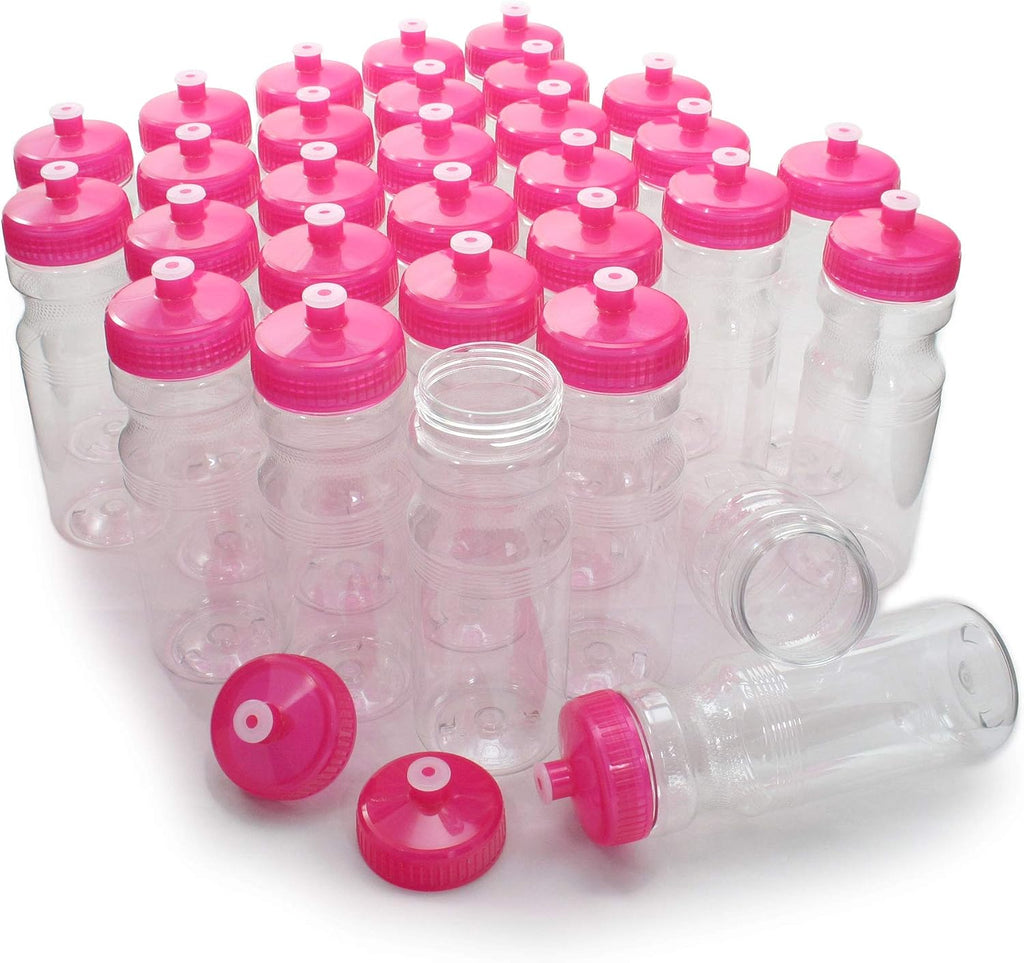 Rolling Sands Reusable Bulk Water Bottles 30 Pack - 24 Oz Sports Water Bottles, USA Made, BPA-Free, Wide Mouth for Easy Cleaning, Break Resistant - Translucent Clear Bottle/Pink Lid