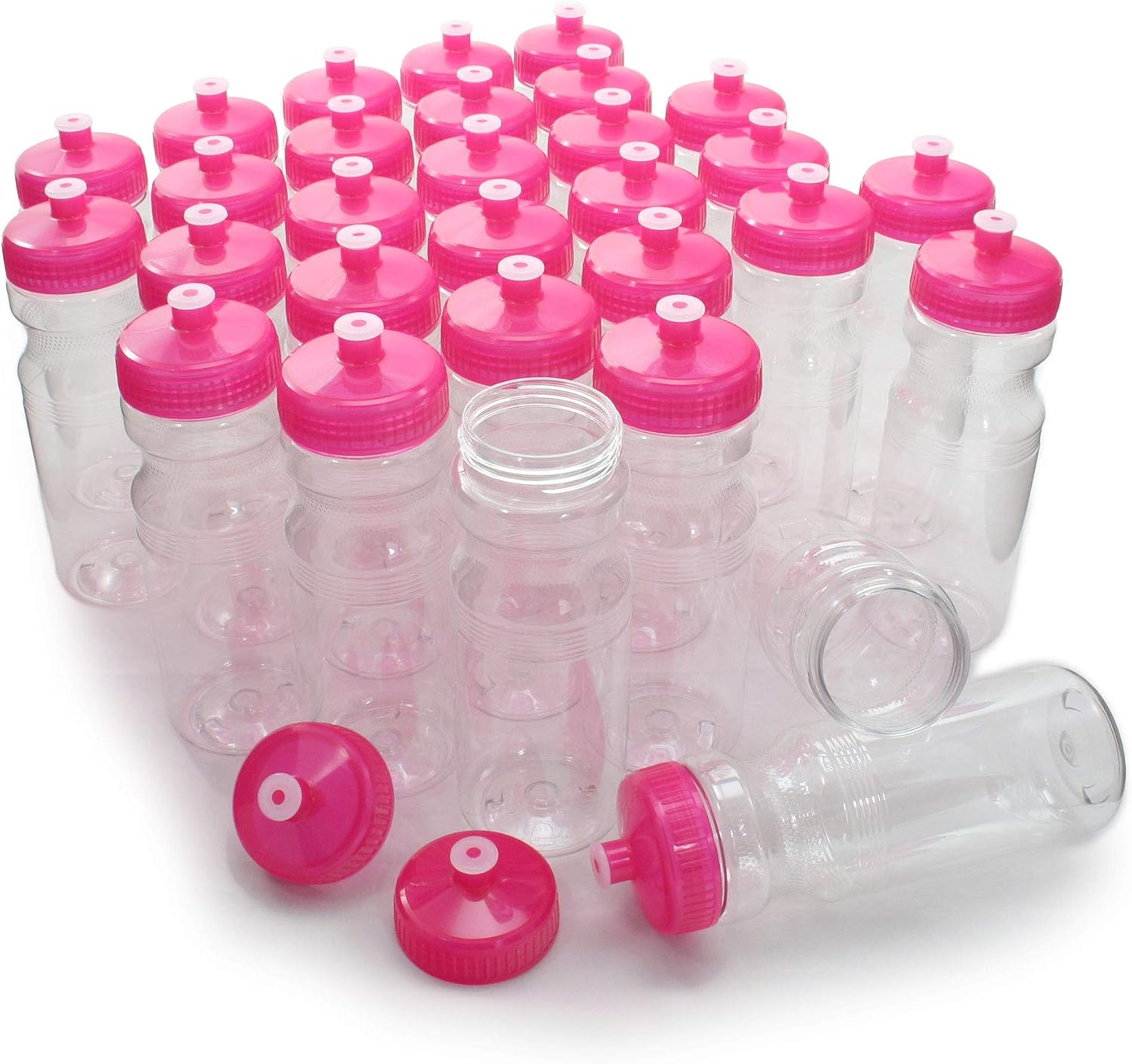 Rolling Sands Reusable Bulk Water Bottles 30 Pack - 24 Oz Sports Water Bottles, USA Made, BPA-Free, Wide Mouth for Easy Cleaning, Break Resistant - Translucent Clear Bottle/Pink Lid