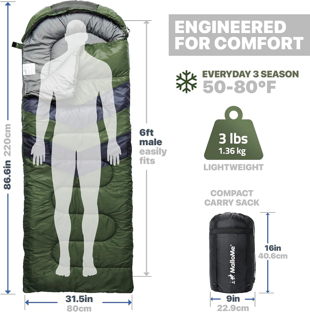 MalloMe Sleeping Bags for Adults Cold Weather & Warm - Backpacking Camping Sleeping Bag for Kids 10-12, Girls, Boys - Lightweight Compact Camping Essentials Gear Accessories Hiking Sleep Must Haves