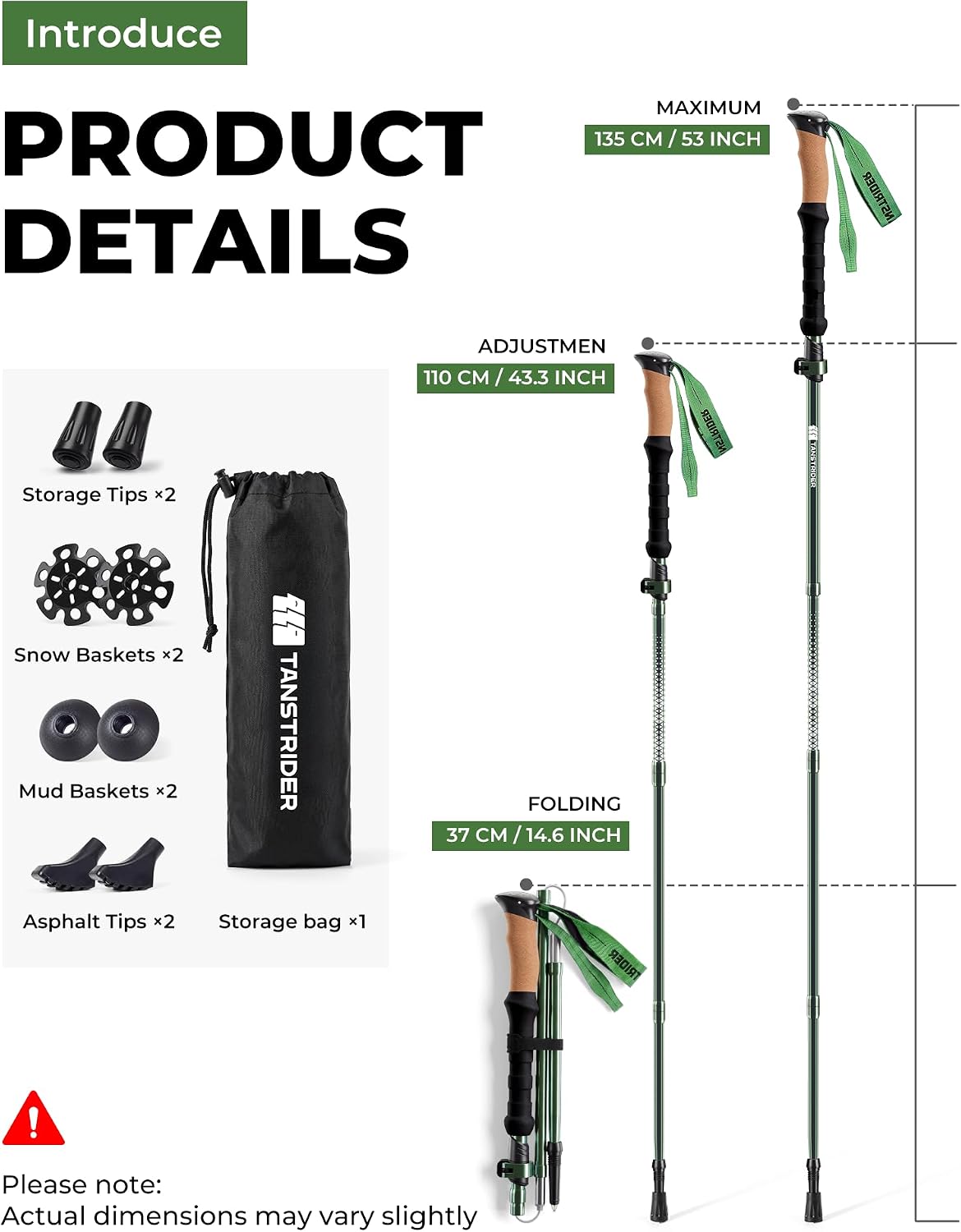 Trekking Poles for Hiking - Collapsible Lightweight 7075 Aluminum Hiking Poles (9.5 oz), Cork Grip Tri-Fold Walking Sticks for Seniors, Men & Women, Adjustable 43-53" (Set of 2)