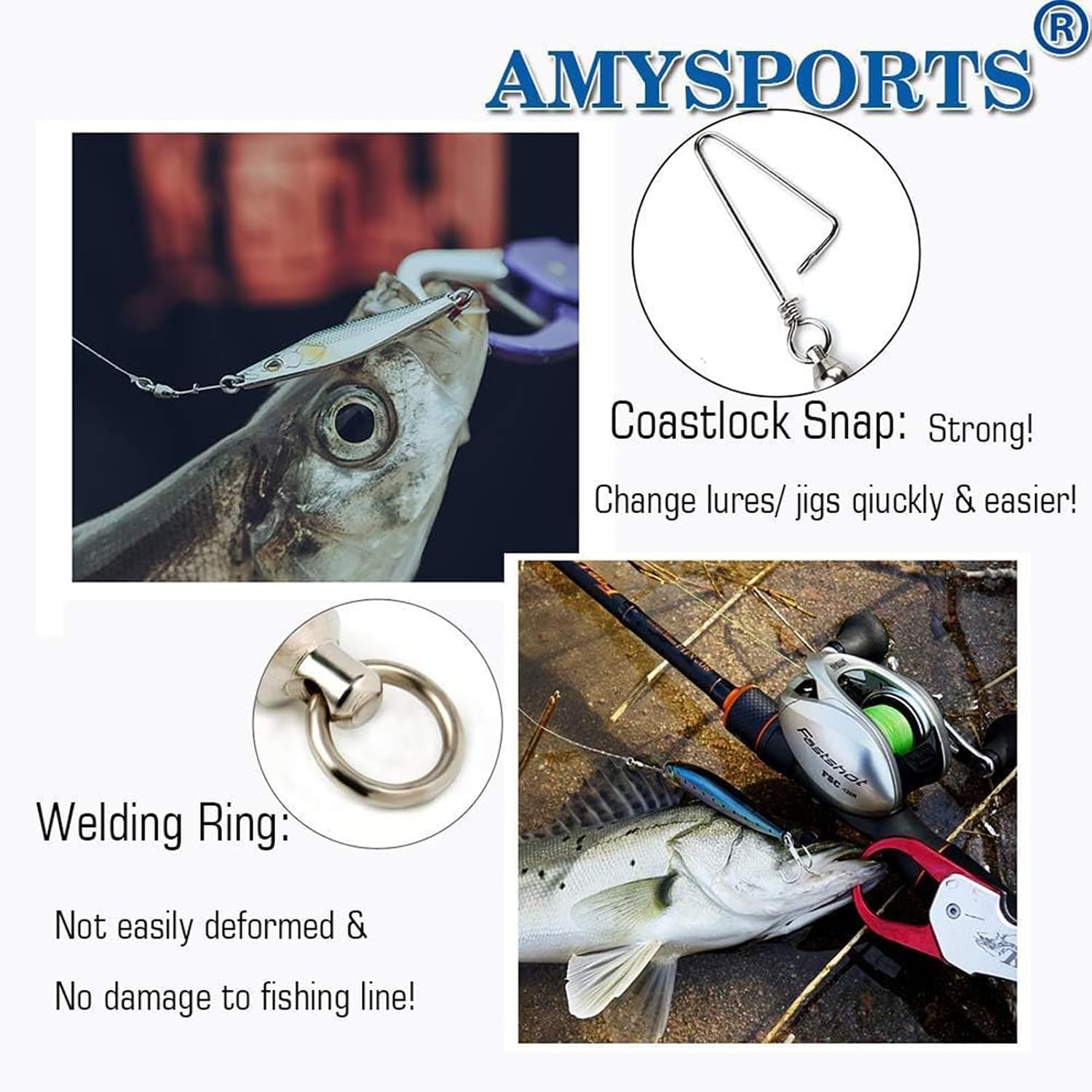 AMYSPORTS High Strength Fishing Snap Swivels - Stainless Steel Ball Bearing Swivels - Saltwater & Freshwater Fishing