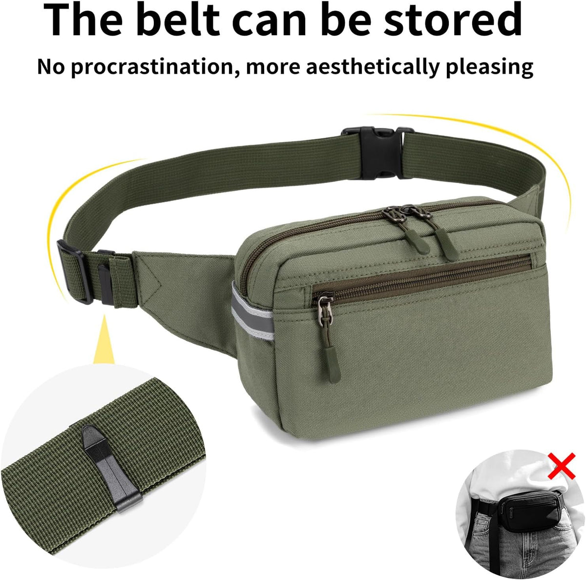 Mini Hiking Waist Bag, 3-Pocket 1.7L RFID Blocking Fanny Pack for Men Women (Army Green)