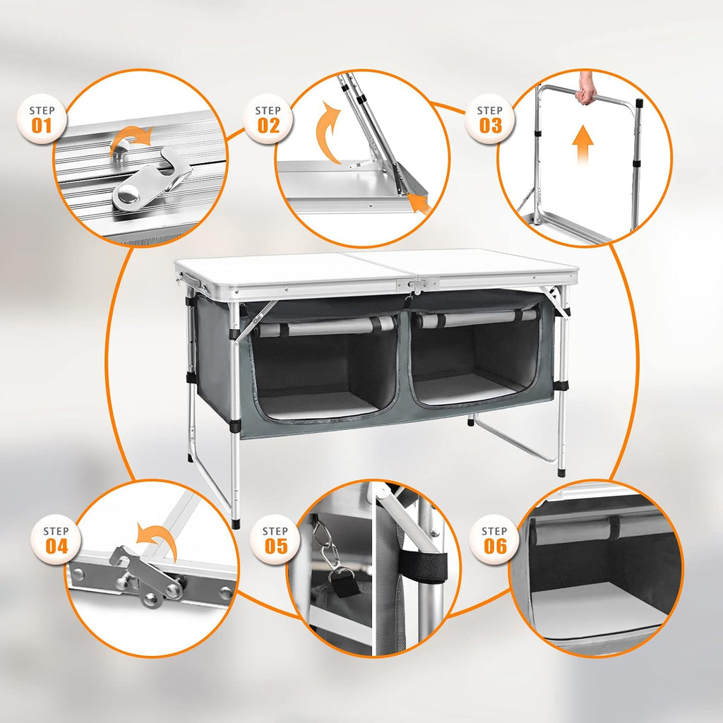 CampLand Outdoor Folding Table Aluminum Lightweight Height Adjustable with Storage Organizer for BBQ, Party, Camping