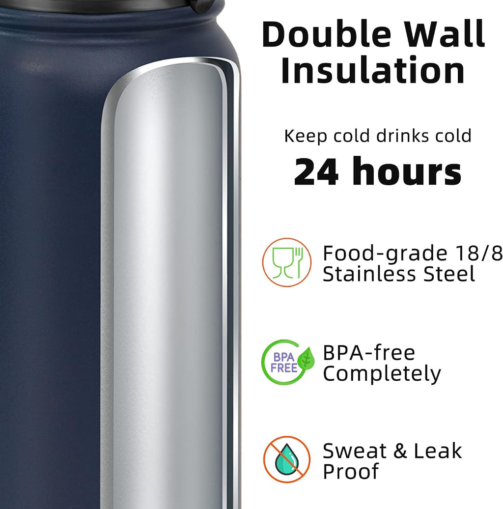 Fanhaw 20oz Insulated Water Bottle with Anti-dust Chug Lid, Navy Blue