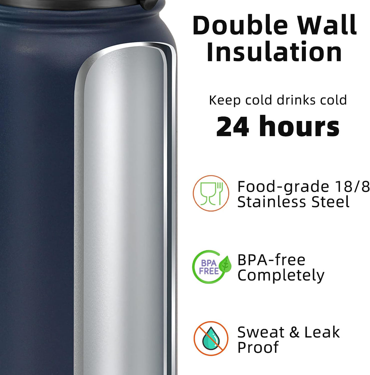 Fanhaw 20oz Insulated Water Bottle with Anti-dust Chug Lid, Navy Blue