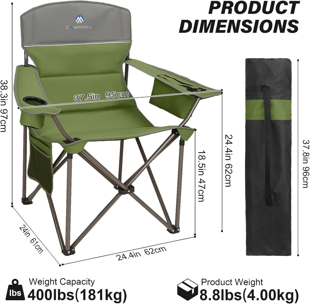 Oversized Camping Chairs 2 Pack - Heavy Duty 400LBS Padded Lawn Chair with Cooler Bag,Cup Holder,Side Pocket,Collapsible for Outdoor,Camp,Fishing & Garden,Olive Green