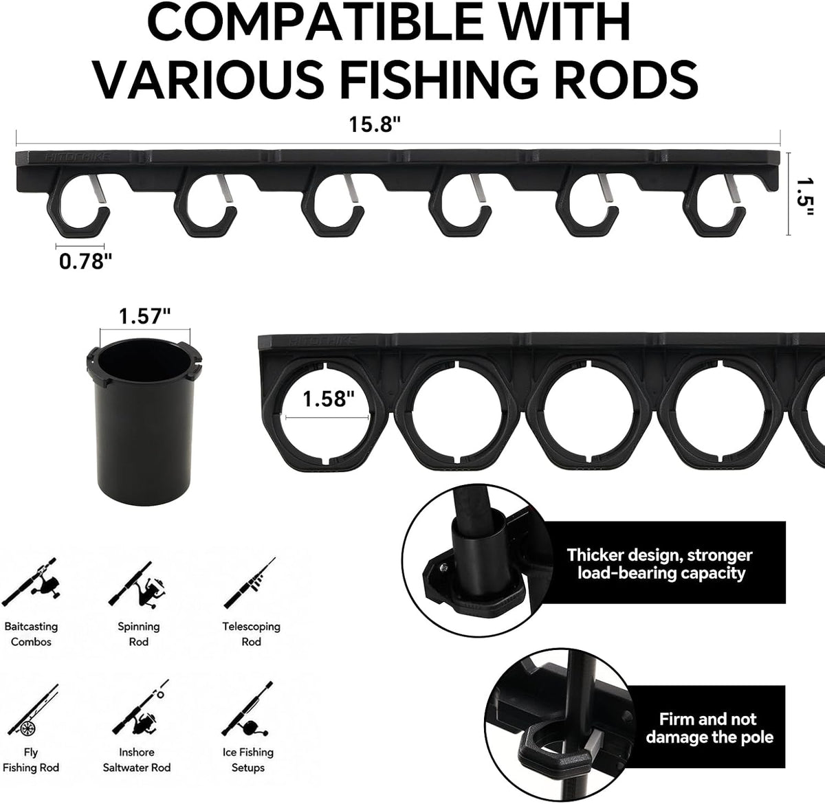 HITORHIKE Heavy Duty Fishing Rod Storage Rack, Wall/Ceiling Mount Vertical Pole Holder, Garage Fishing Pole Organizer for Gifts(Black-1pack)
