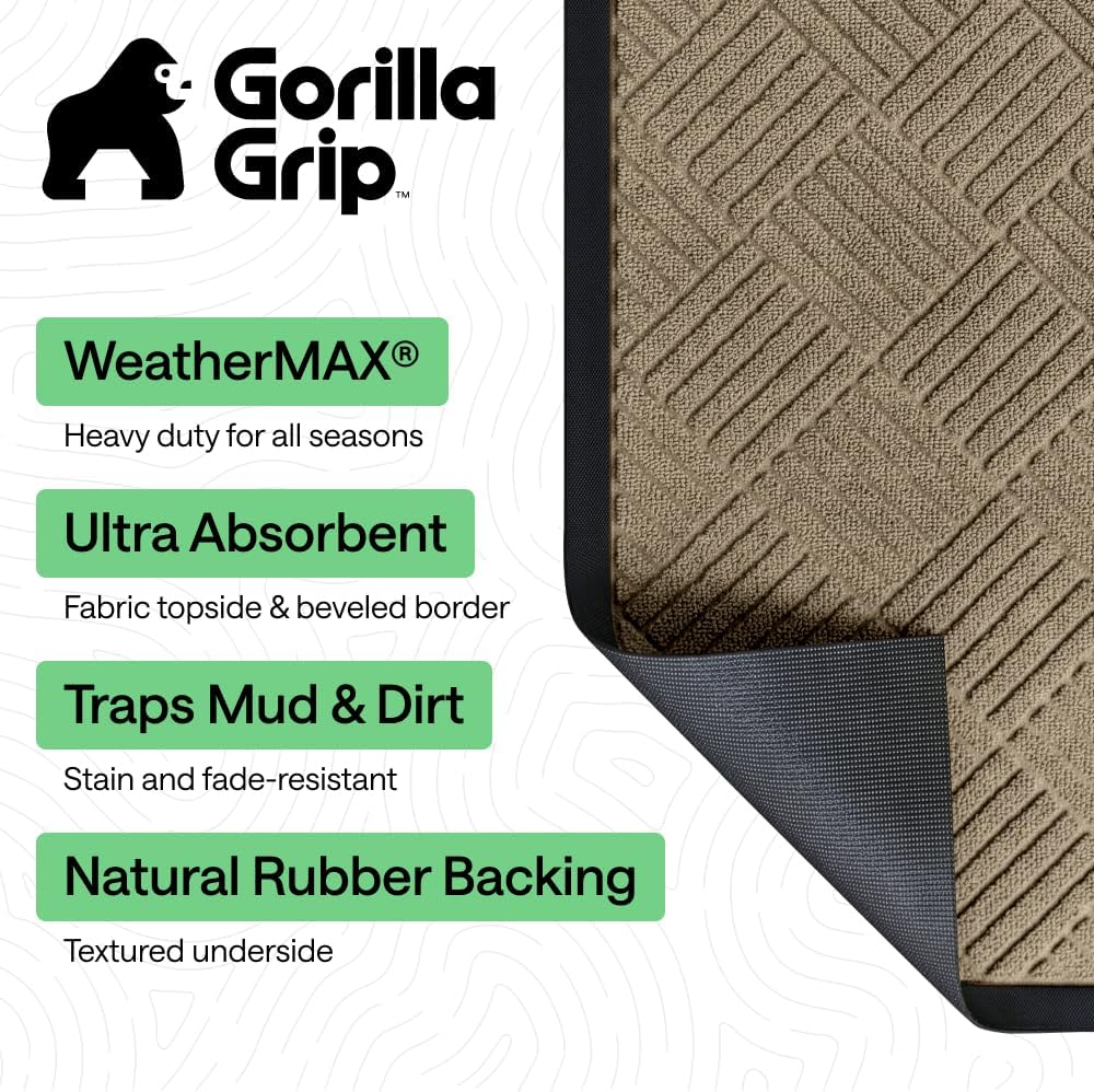 GORILLA GRIP WeatherMAX Door Mat, Indoor Outdoor Use, 29x17, Beige Diamond