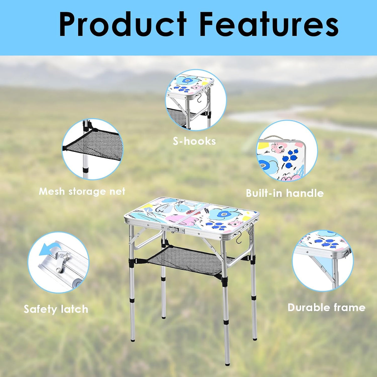 Small Folding Camping Table, 2ft Portable Table, Floral Doodle