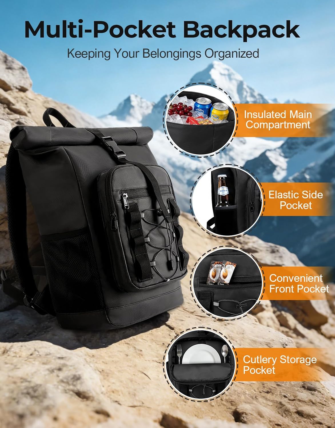 ISEYOU Rolltop Cooler Backpack, 36 Cans Insulated Backpack for Men & Women, Keeps Cold for Up to 20 Hours, Waterproof & Leak Proof Cooler Bag for Picnic, BBQ Camping, Lunch, Beach, Hiking