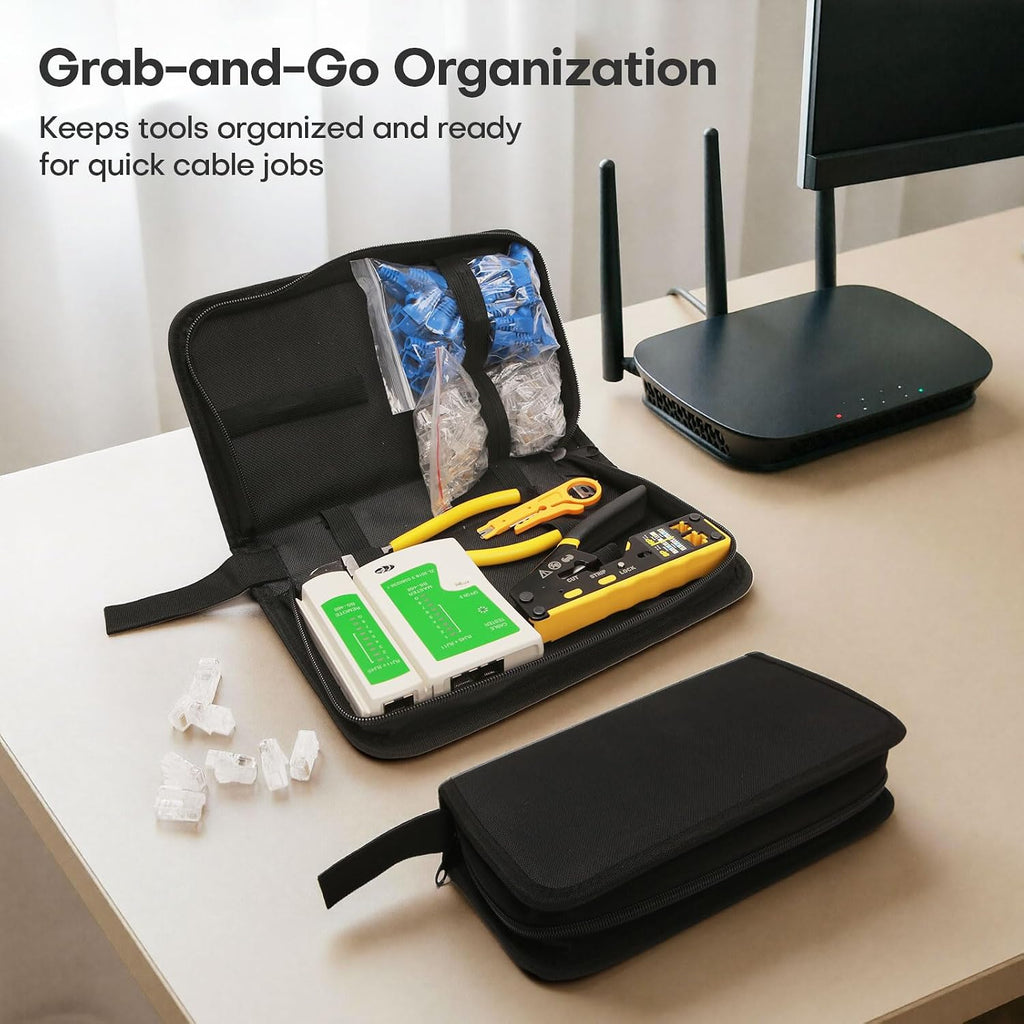 All-in-One RJ45 Crimp Tool Kit with Tester and Carrying Case, Pass Through Ethernet Crimper for Cat5 Cat5e Cat6, RJ11 RJ12 6P/8P, 50 Connectors and 50 Boots